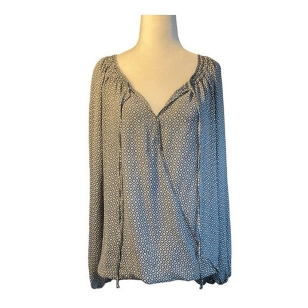 Max Studio Floral Print Blouse Blue Gray Chiffon Faux Wrap Long Sleeve V-Neck S